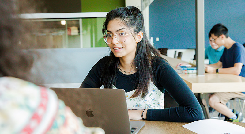 A student works on her laptop.