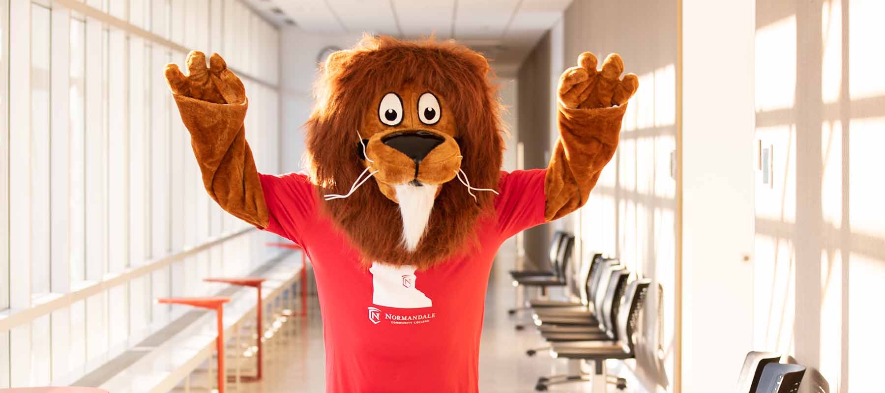 Norm, the Normandale Lion mascot roars at the camera.